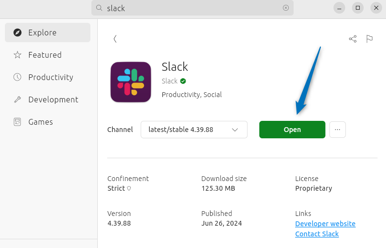 Launching Slack on Ubuntu 24.04 installed via App Center