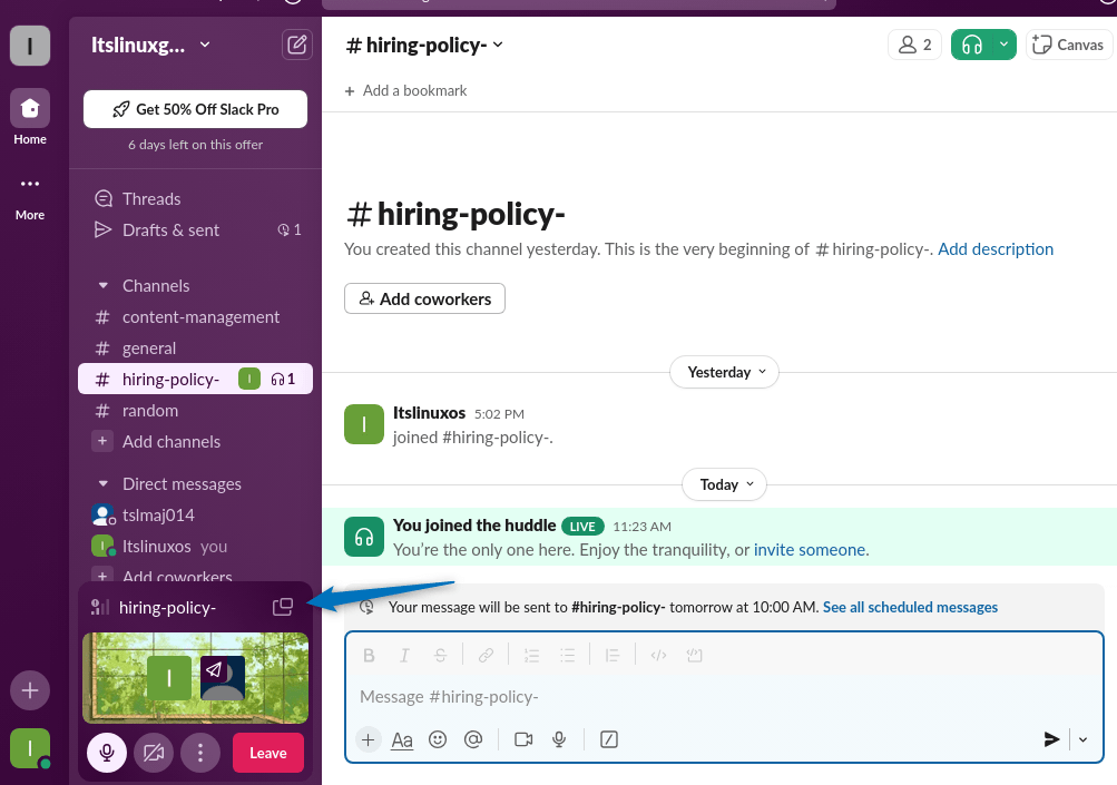 Opening huddle in another window in slack on Ubuntu