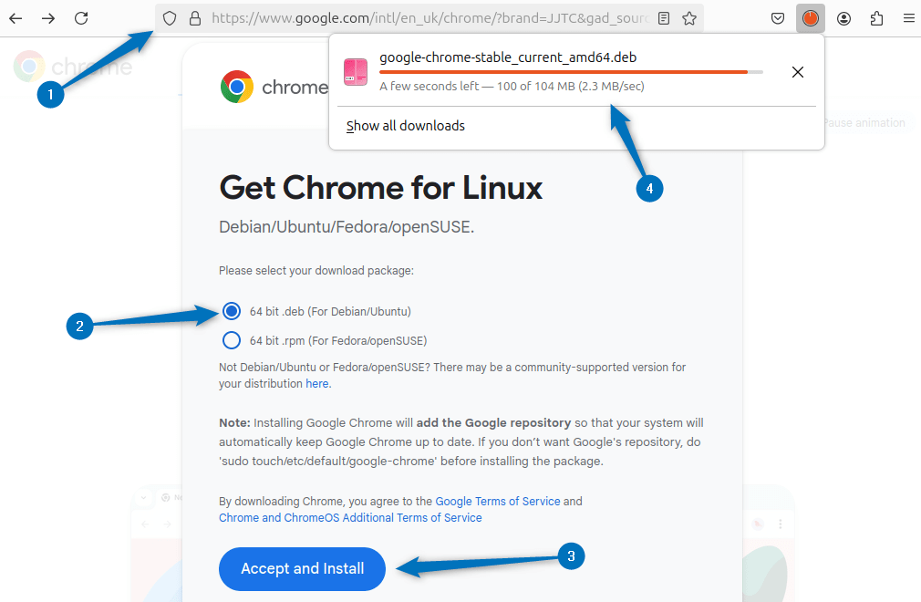Downloading Google Chrome Deb file on Ubuntu