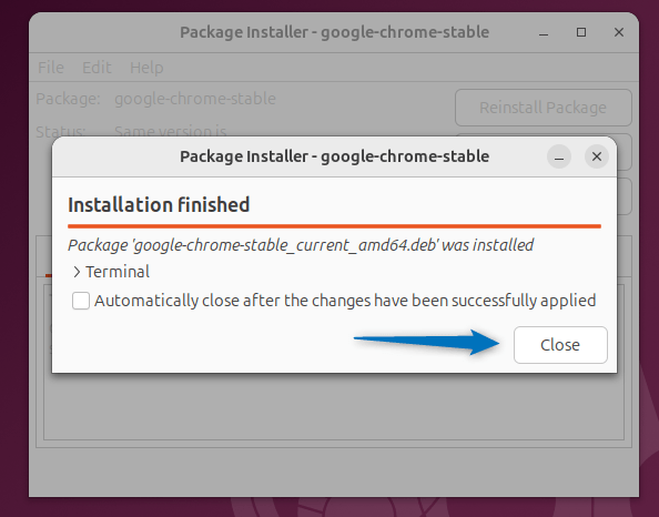 Installing Google Chrome on Ubuntu via GDebi package manager.