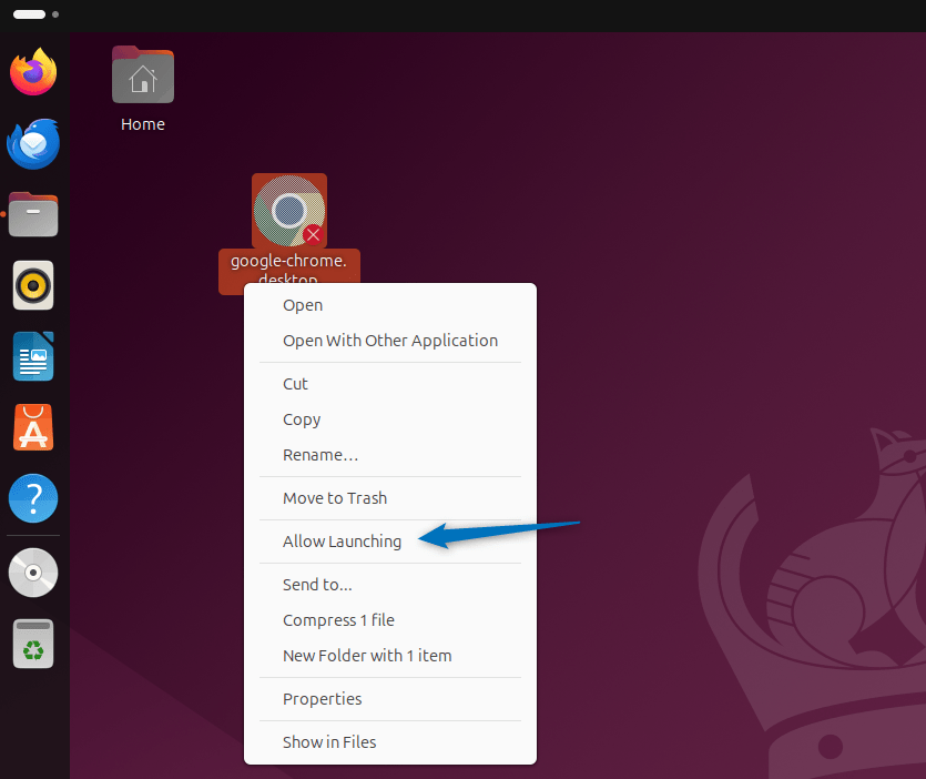 Allowing the Google Chrome desktop file to launch to create its desktop icon on Ubuntu