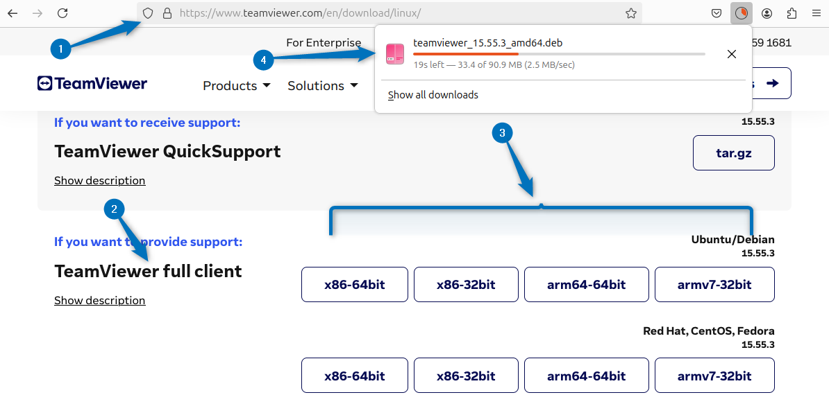 Downloading TeamViewer full client Deb file on Ubuntu 