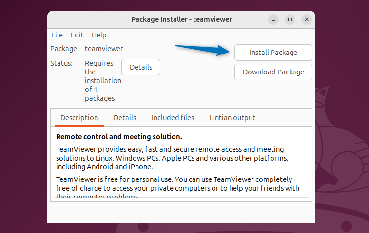 Installing TeamViewer on Ubuntu using GDebi package installer.