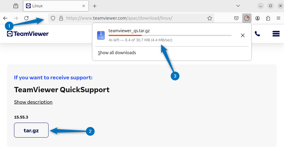 Downloading tar file for TeamViewer Quick Support on Ubuntu 