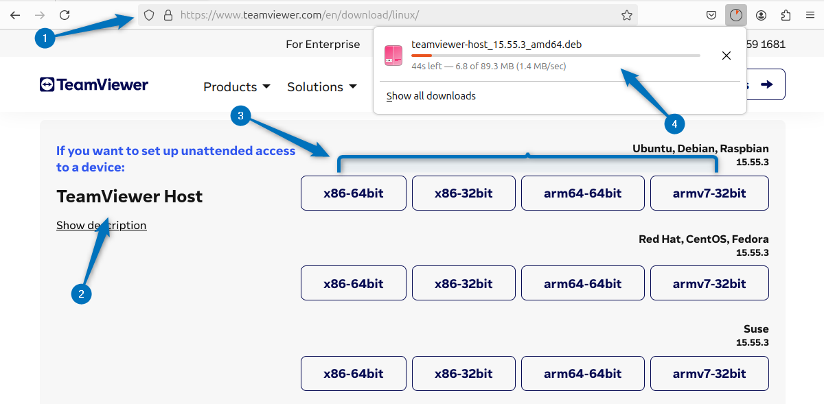 Downloading TeamViewer host Deb file on Ubuntu from its official site