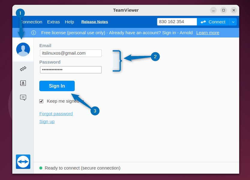 Signing in to TeamViewer account on TeamViewer full client in Ubuntu 