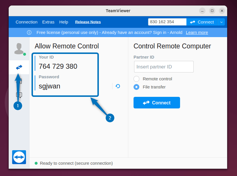 Copying Ubuntu TeamViewer ID and Password to access it from Windows operating system 