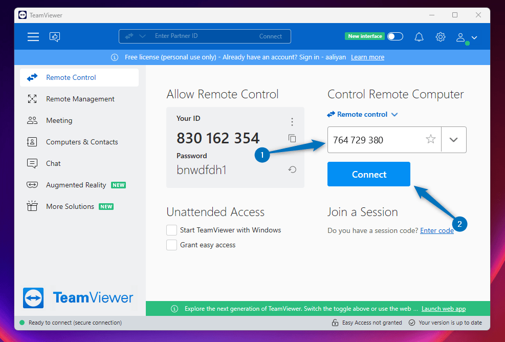 Connecting to Ubuntu remotely by entering Ubuntu TeamViewer ID on TeamViewer Windows application 