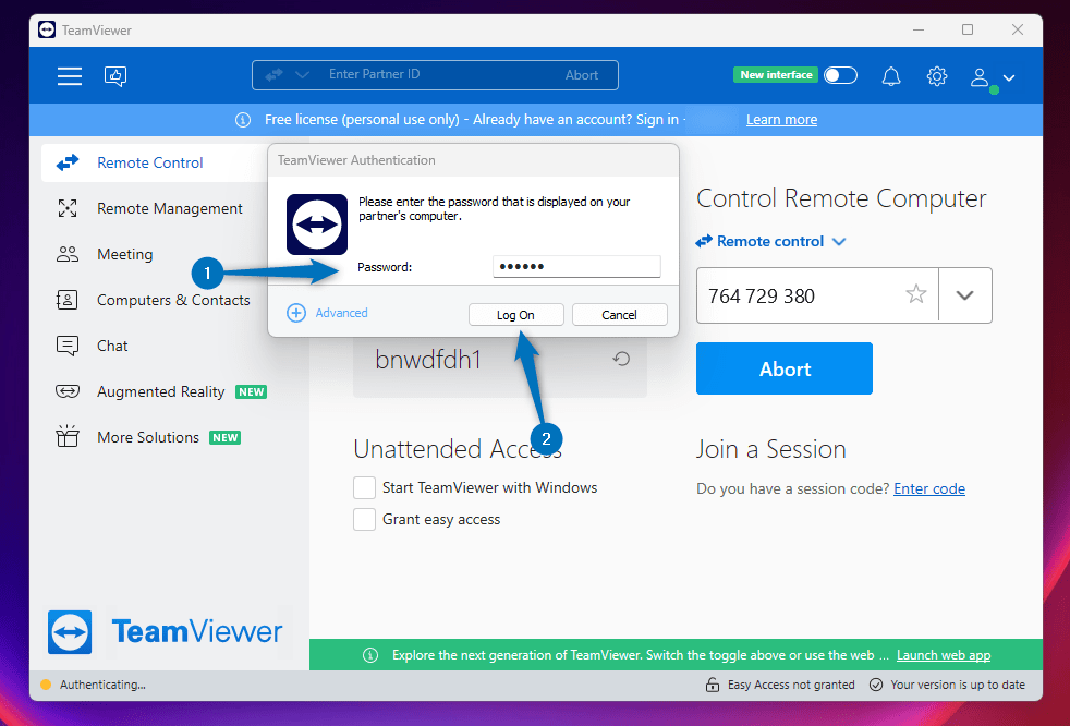 Connecting to Ubuntu remotely by entering Ubuntu TeamViewer password on TeamViewer Windows application 