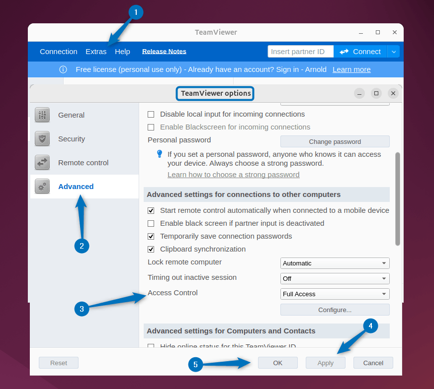 Changing TeamViewer Access Control settings on Ubuntu 