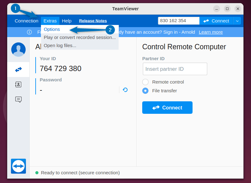 Navigating to TeamViewer Options tab on Ubuntu to change the password settings