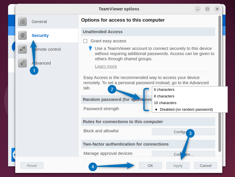 Enabling the password for TeamViewer connection on Ubuntu and applying the changes. 