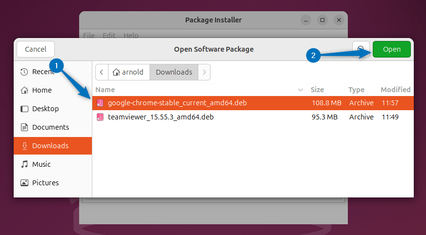 Selecting the Deb File to open it in GDebi package Installer GUI in Ubuntu 