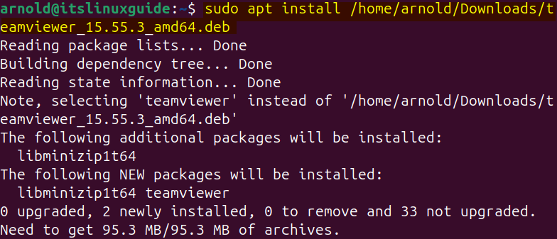 Installing a deb file placed in a different directory on Ubuntu using apt 