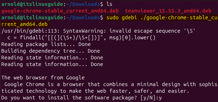 Installing a deb file placed in a same directory on Ubuntu using Gdebi package installer CLI