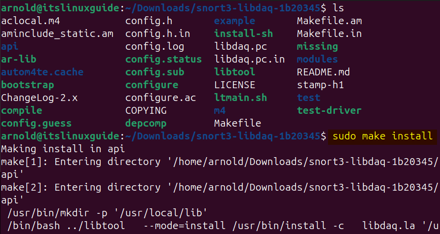Installing libdaq on Ubuntu through its make file for Snort