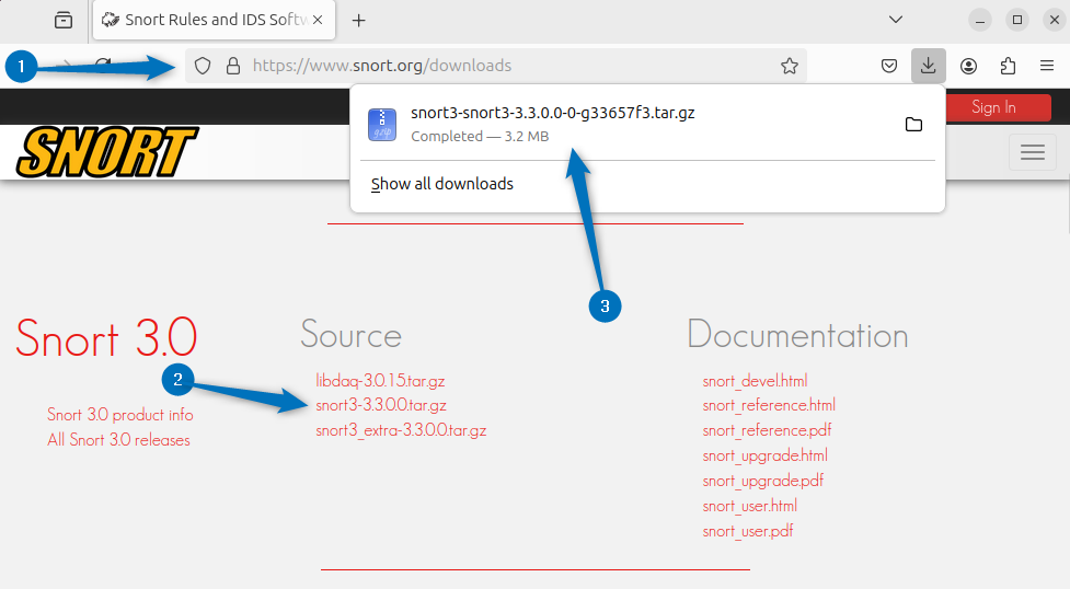 Downloading Snort source file on Ubuntu through its official site