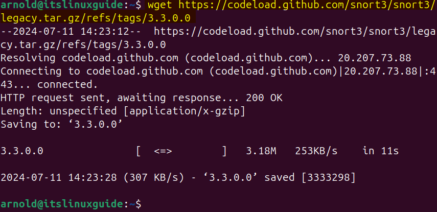 Downloading Snort source file on Ubuntu through its download link