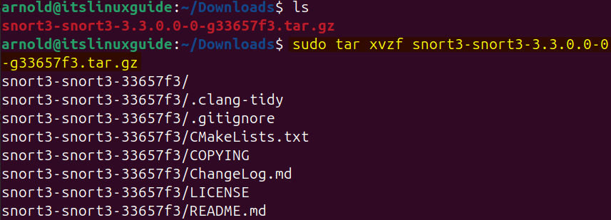 Extracting Snort source file on Ubuntu
