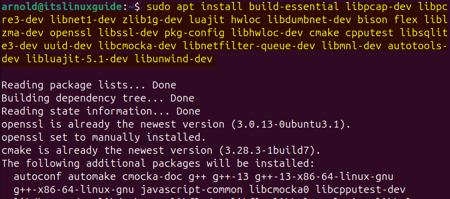 Installing necessary libraries for installing Snort on Ubuntu