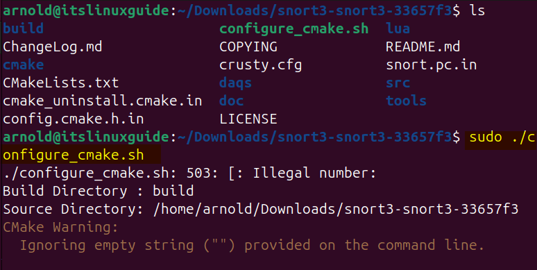 Executing the configuration file for Snort source file on Ubuntu