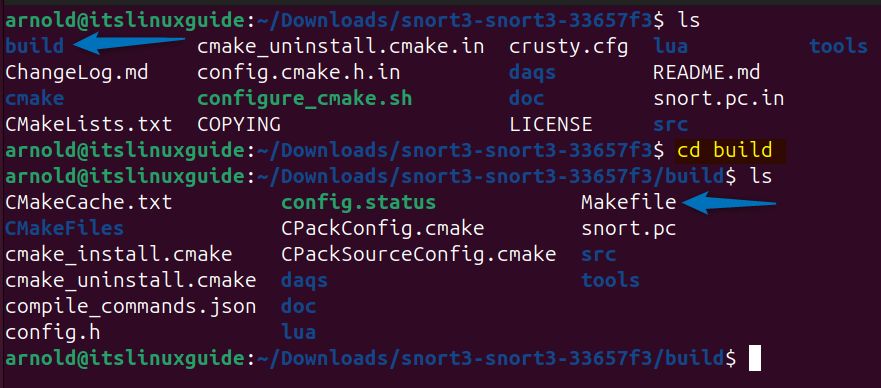 Navigating to the build directory of snort created after executing its configuration file on Ubuntu