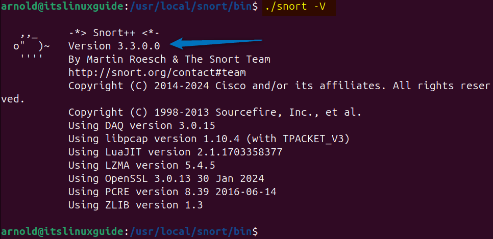 Checking Snort version on Ubuntu installed via Snort Source file
