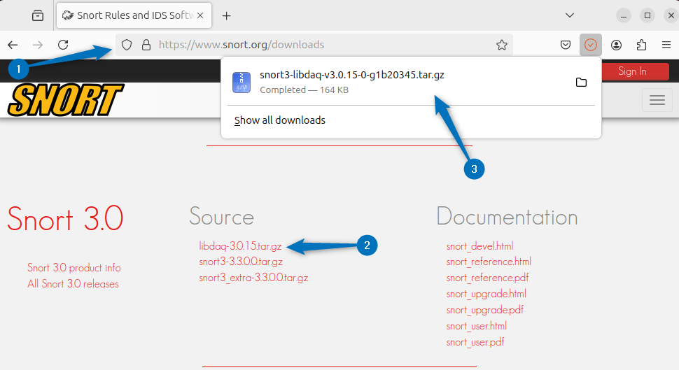 Downloading data acquisition library on Ubuntu to install Snort via its source file.