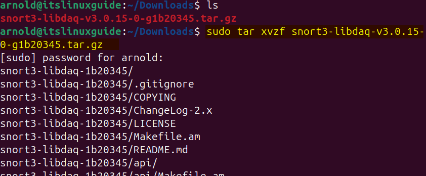 Extracting libdaq library tar file on Ubuntu to install Snort via its source file.