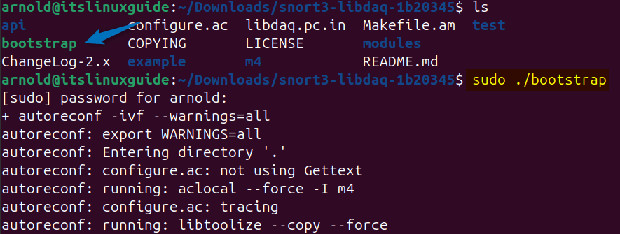 Executing the bootstrap file to build the libdaq setup file on Ubuntu