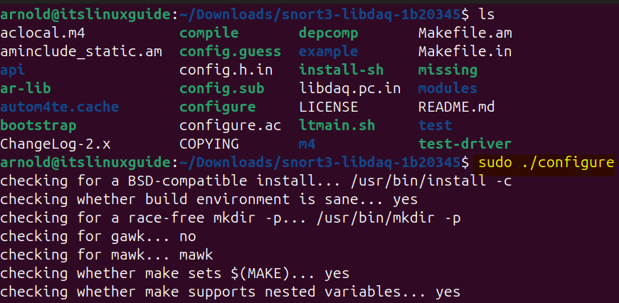 Executing the configuration file of data acquisition library libdaq on Ubuntu for snort installation