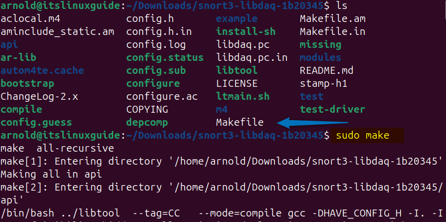 Creating a make file for libdaq on Ubuntu for Snort installation via its source file.