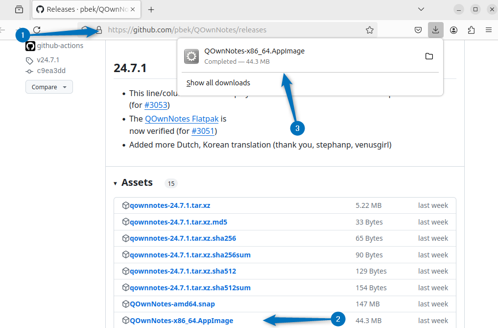 Downloading QOwnNotes AppImage file on Ubuntu from GitHub