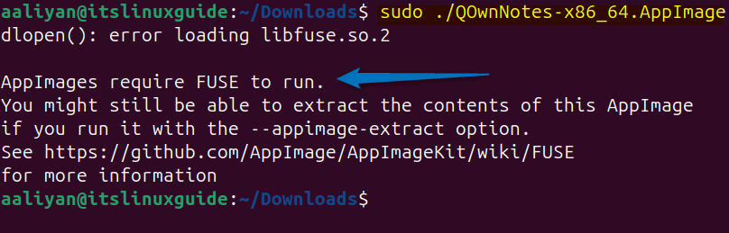 Missing fuse package error while launching QOwnNotes on Ubuntu using its App Image