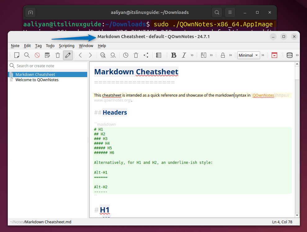Launching QOwnNotes on Ubuntu through its App Image file
