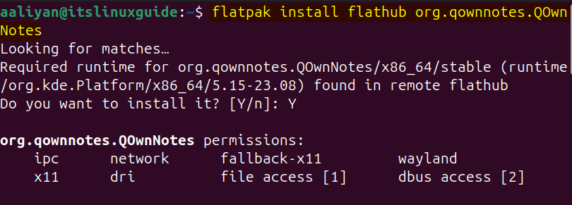 Installing QOwnNotes on Ubuntu through Flatpak package manager