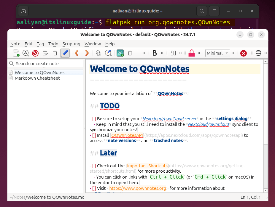 Launching QOwnNotes on Ubuntu installed using the Flatpak package manager