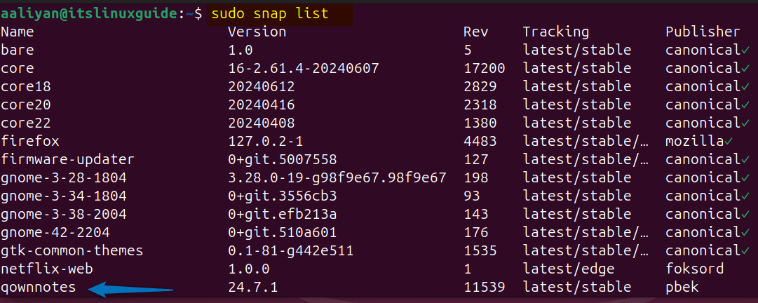 Listing Snap installed apps on Ubuntu to validate the QownNotes installation