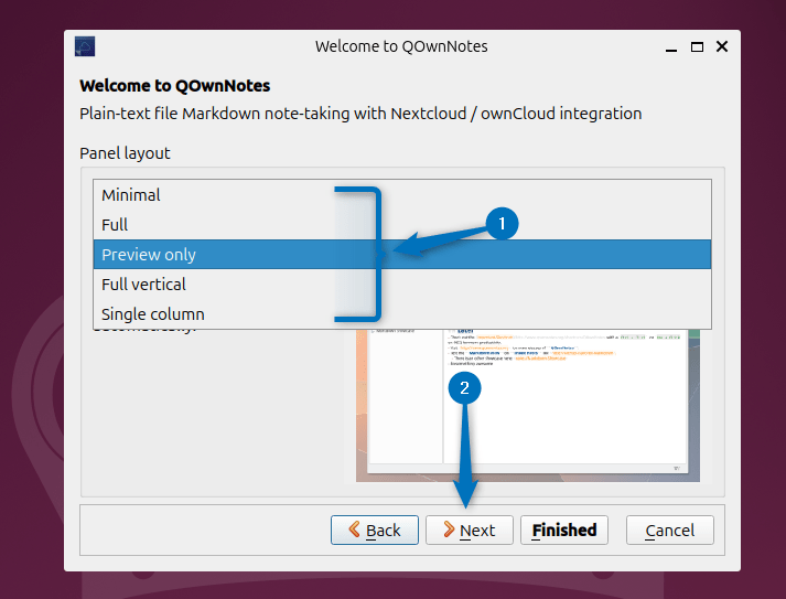 Selecting panel layout for QOwnNotes on Ubuuntu