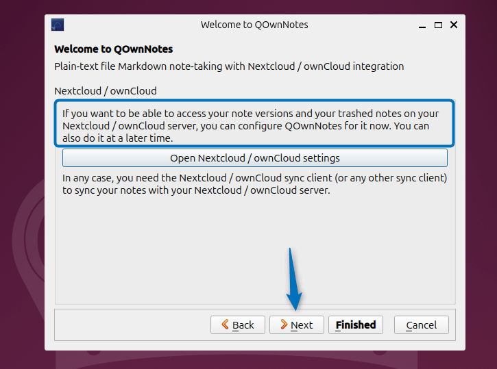 Integrating nextcloud/owncloud in QOwnNotes on Ubuntu