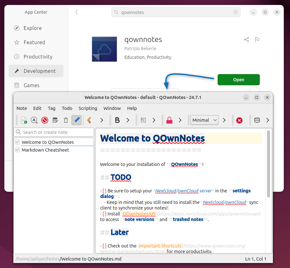 Launching QOwnNotes on Ubuntu installed from App Center
