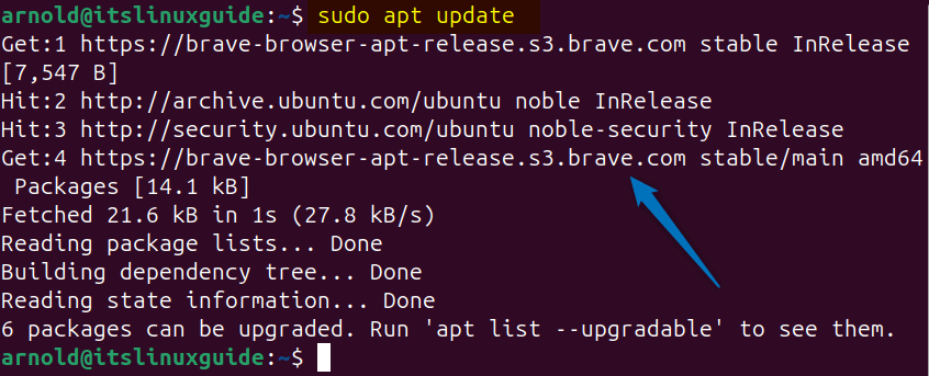 Updating apt package list on Ubuntu after Fixing Brave Browser doesn't support architecture 'i386' Repository Error on Ubuntu.