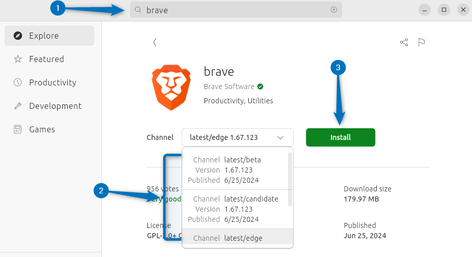 Installing Brave Browser on Ubuntu using its App Center 