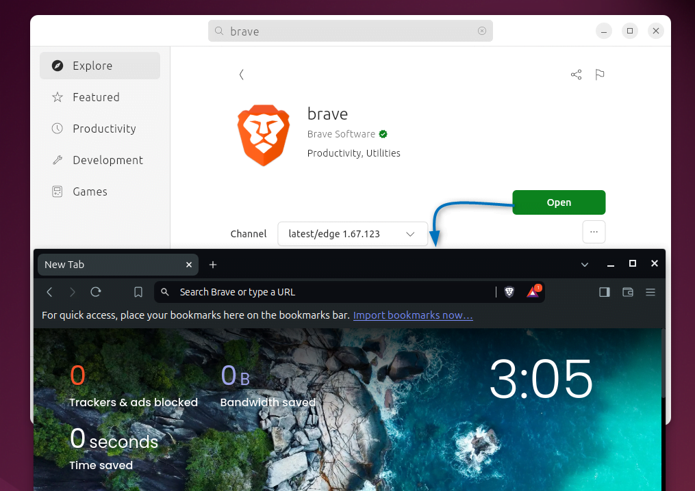 Launching Brave Browser on Ubuntu from its Ubuntu App Center