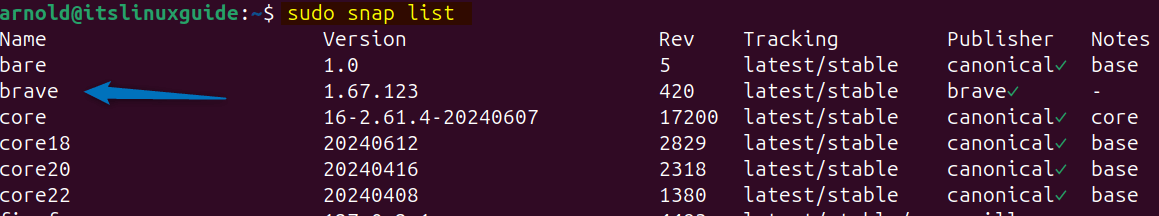 Listing Snap installed apps on Ubuntu to validate the Brave browser installation on Ubuntu 