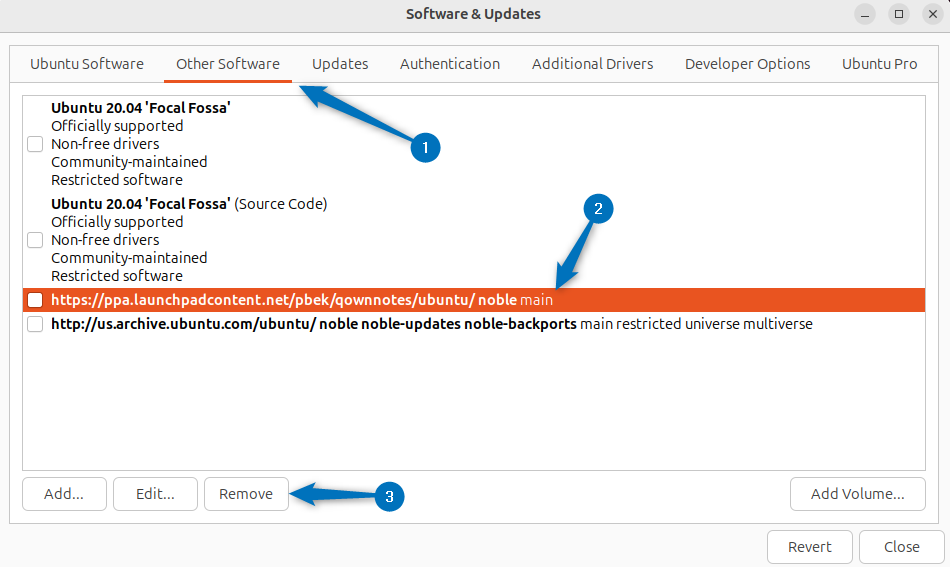 Selecting PPA repository for removal in Other software option of Software & updates app on Ubunti 