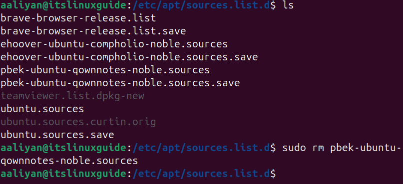 Manually removing PPA from Ubuntu by navigating to the sources directory and using rm command