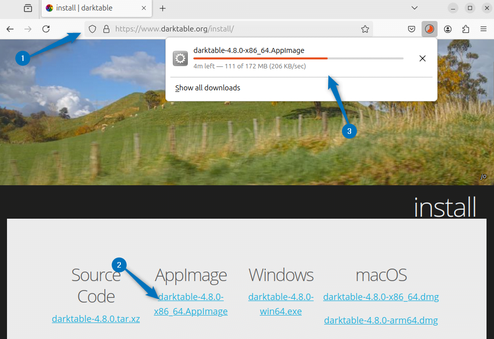 Downloading darktable AppImage file on Ubuntu