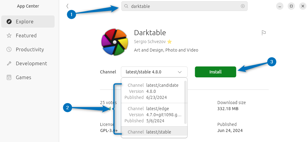 Installing Darktable using Ubuntu App Center