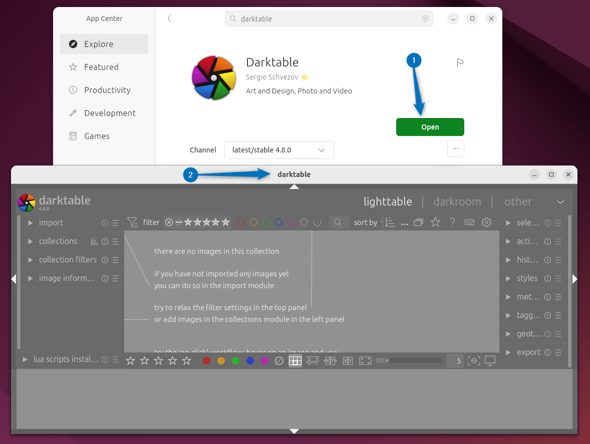 Launching darktable on Ubuntu install via Ubuntu App Center